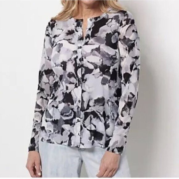 LOGO Layers by Lori Goldstein Watercolor Printed Mesh Cardigan Size Small Black - Picture 1 of 12